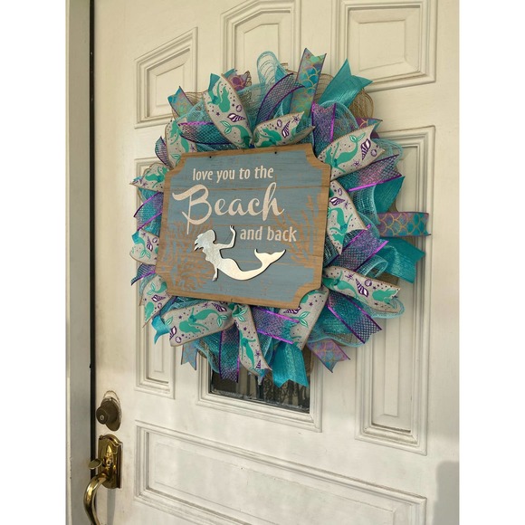 Mermaid Wreath, Welcome to the Beach Mesh Ribbon Wreath Door Hanger Home Decor - Picture 7 of 8